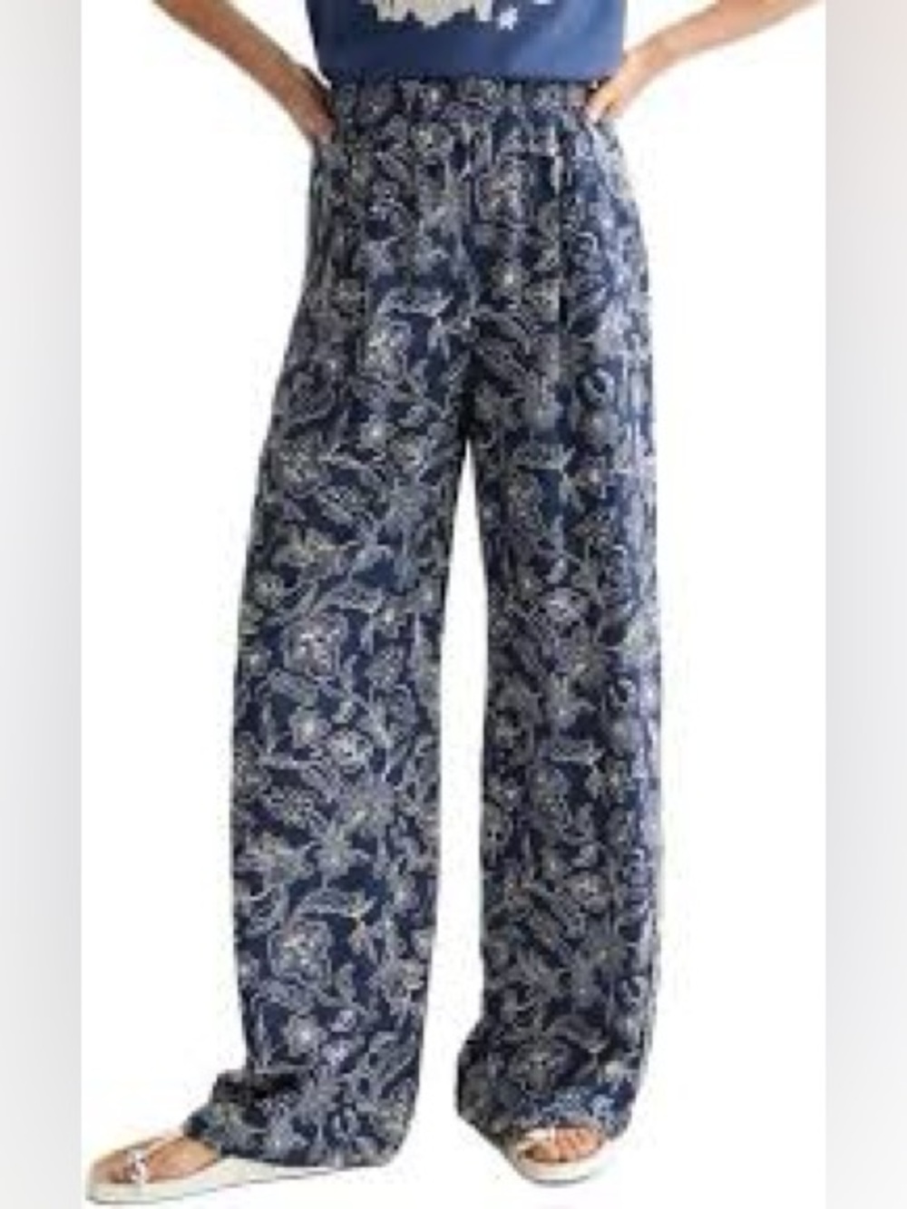 Passports Wide Leg Palazzo Pants L Blue Floral Boho Stretch Made in USA